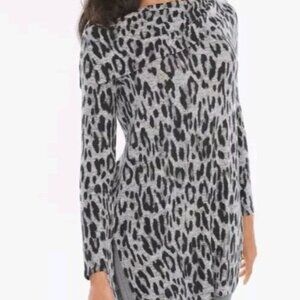 Chicos Zenergy Womens Leopard Cowl Neck Sweater Size 2 Gray Tunic 3/4 Sleeves